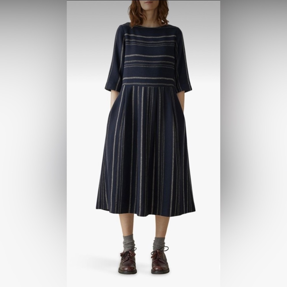 Toast Wool Gauze Moroccan Stripe Dress, Navy/Ecru